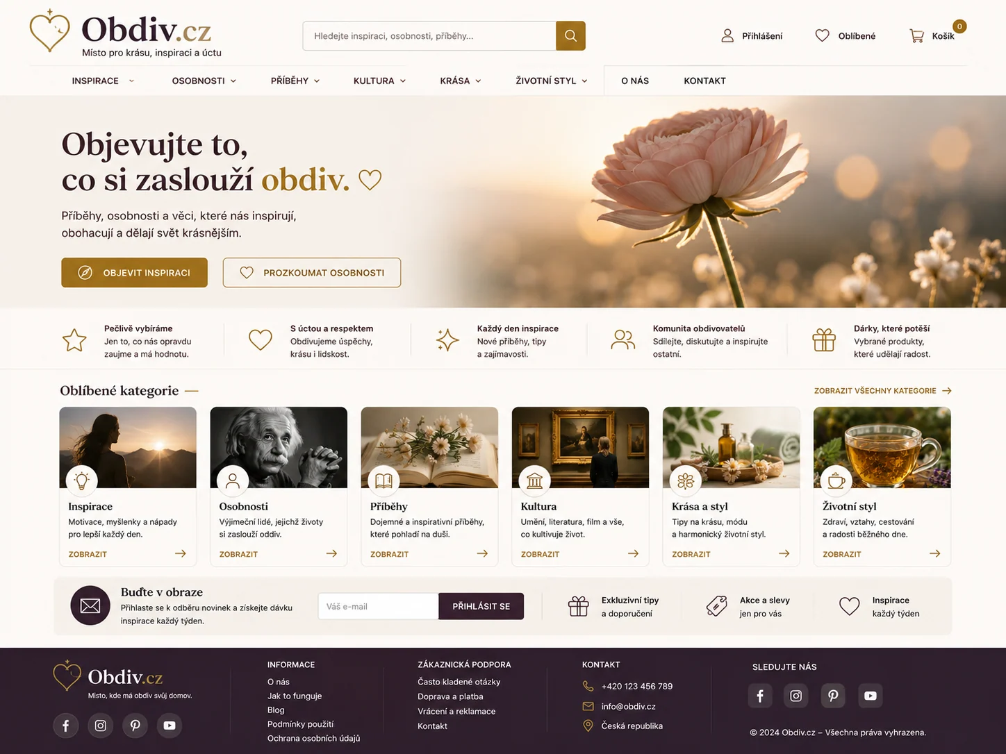 Vizuální návrh možného projektu Obdiv.cz zaměřeného na inspiraci, tvorbu a výjimečné projekty